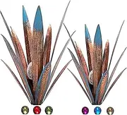 2pcs Tequila Sculpture Metal Agave Plant Home Decor Rustic Hand Painted Figurines Yard Decorations Lawn Ornaments（Multi-Color LED Solar Light ）