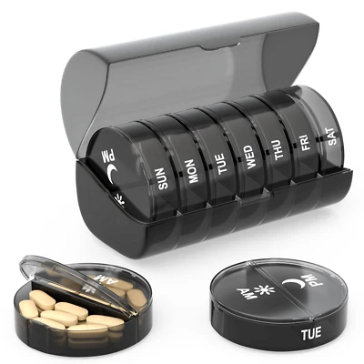 Black Daily Pill Organizer 2 Times a Day -Weekly AM PM Pill Box Case Damp-Proof