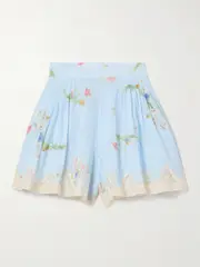 [Zimmermann] Zimmermann - Lucky Lace-trimmed Pleated Floral-print Cotton-voile Shorts - Blue - 1 1 Blue