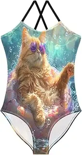 [RPLIFE] Cat Lounges Toddler Girl Swimsuit, Summer Swimsuits Girls, Beach Bathing Suits Girls