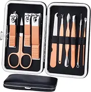 HANTEKAS Manicure Set 10 in 1 Stainless Steel, Nail Clippers Scissors Pedicure Tools Kit - Portable Travel Grooming Kit for Men and Women with Leather Case (Rose gold)