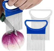 2Pcs Onion Slicer Holder, Stainless Steel Tomato Lemon Slicer for Home Use, Onion Chopper Onion Cutter for Slicing, Food Slicer Assistant Tool for Meat and Other Vegetables (White+Blue, One Size)