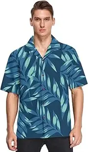 [GuoChe] Hawaiian Mens Shirts Short Sleeve Button Down Tropical Plant Leaf Blue Dating Camisas Manga Corta para Hombre