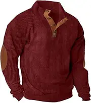 [Zylphorix] Men Corduroy Casual Stand Collar Sweater Quarter Button Pullover Print Sweatshirt Fall Long Sleeve Outdoors Shirts, Wine Red, Small