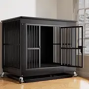 Furniture Wooden Dog Crate, Heavy Duty Dog Crate, Decorative Coffee Table Pet House, 360° Rotatable Dog Crate，With Bottom Tray+top shelf function，Suitable for indoor use(Black,L)