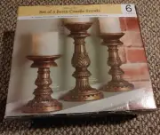 3pc Piller Candle Holder Stand Gold Resin Leaf Textured Pattern 6" -8" - 10" Set