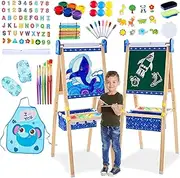 Easel for Kids, Art Easel Kids Easels for Toddlers, Adjustable Magnetic Chalkboard & Whiteboard Wooden Painting Easel with Paper Roll, Foldable Easel for Toddlers Boys Girls Ages 3-12