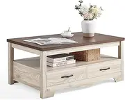 [LINSY HOME] Farmhouse Coffee Table with Storage, Wood Coffee Table for Living Room, Open Display Area and Storage Drawers with Metal Handles, Chic Style with Curved Base. Oak and Brown