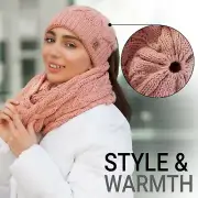 Lady Beanie Hat and Scarf Set Beanietail High Bun Pony tail Stretchy Knit Beanie