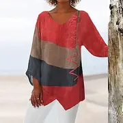 Women's Tunic Shirt Blouse Basic Color Block Print Long Sleeve Long Tops V Neck Casual Red Spring Fall