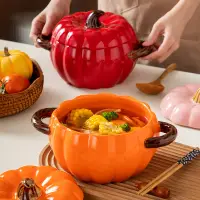 在飛比找樂天市場購物網優惠-南瓜湯鍋家用高顏值湯碗陶瓷雙耳把手帶蓋大容量家用廚房創意燉盅