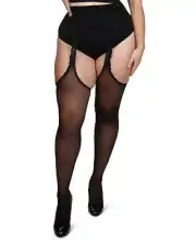 Plus Size Curvy Suspender Lace Trim Pantyhose