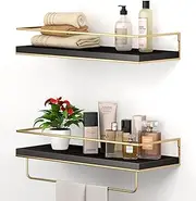 Shario Black Floating Shelves - Set of 2, Wall Mounted Hanging Shelves with Golden Towel Rack, Decorative Storage Shelves for Bathroom, Kitchen, Living Room & Bedroom (Black)