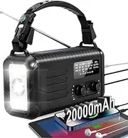 Emergency Weather Radio, 20000mAh / 74000mWh Crank Radios, Solar Battery Powered Radio with AM/FM/NOAA, Portable Fast Phone Charger, Reading Lamp, SOS Alarm& Flashlight for Camping, Home