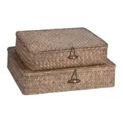 Set of 2 Flat Seagrass Storage Bins with Lid Wicker Storage Baskets for Coffee