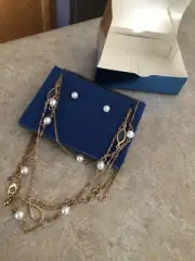 Avon Triple Strand Illusion Pearlesque Necklace & Earrings Gift Set Goldtone NIB