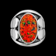925 Sterling Silver Large Oval Red Glitter Opal Ring, Curved Split Heart...