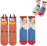 [EdNey] Coral Velvet Three-dimensional Quirky Socks, Christmas Fluffy Cartoon Monster Socks, Winter Ugly Cute Plush Socks, B-2pairs, One Size