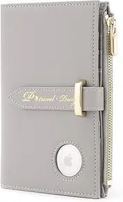 [P TRAVEL · DESIGN] Airtag Passport Holder for Women, RFID Blocking Travel Passport Case with Credit Card Holders, Bifold Air Tag Wallets for Ladies, Slim Thin Leather Passport Wallet with Zipper Pocket, Grey, Classic