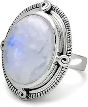 [JewelryWeb] Oval Rainbow Celestial Moonstone Ring-Oxidized Ste. Silver-Rainbow-Moonstone-Ring Rope Edge Size 10 Band Style-Ring for Women