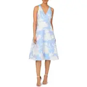 Aidan Mattox Womens Blue Woven Floral V-Neck Midi Dress 4 BHFO 8012