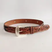 BD 7617 Genuine Hand Tooled Leather Belt W/ Floral Conchos & Rhinestones W32