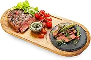 Wooden Steak Serving Plate Cutting Board with Juice Channel, Serving Tray with Slate Stone for BBQ Cheese Fish Grill & Meat, Acacia Wood Steak Board Platter with Hand Grooves