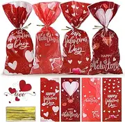 Bighan 100 PCS Valentine's Day Candy Bags, Valentine's Day Treat Bags 4 Styles with Valentine Patten Plastic Candy Cookie Goodies Gift Bags with Ties