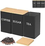 WEZCHUGHAOL 3 Pcs Coffee Tea Sugar Container Set, 1000 ml Vintage Kitchen Canister Set with Bamboo Lids, Metal Food Storage Container Jars for Kitchen Counter, Farmhouse Kitchen Decor (Black)