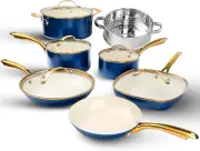 12 Piece Pots and Pans Nonstick Set Ceramic Kitchen Cookware Set Navy Cream