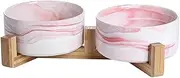 QFULL Ceramic Round Pet Feeder, 14OZ Dog Cat Bowl with Wood Stand, Durable Modern Cute Weighted Food Water Set, Double Bowls Design, Marble Pink