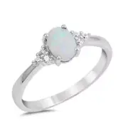 Oval White Opal & Round Cz .925 Sterling Silver Ring