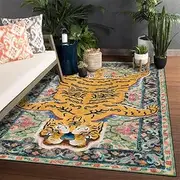 Long Hall Washable Rugs Front Door Runners Floor Carpet for Hallway Entryway Living Room Laundry Room Ethnic Floral Tiger Carpet Yellow Green, 100 x 160 cm