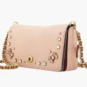 Coach Ladies Dinky Crystal Pink Leather Chain Strap Crossbody Bag Nude Pink NEW