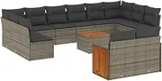 vidaXL Garden Sofa Set with Cushions - Modular 13 Piece Grey Rattan Outdoor Patio Lounge Furniture with Acacia Table and Storage