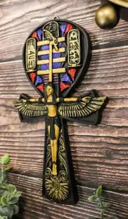 Egyptian Ankh of Isis Open Wings and Cartouche Hieroglyphs Wall Accent Decor
