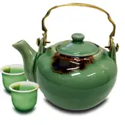 Tea Pot Celadon with Brass Handle and 2 x Tea Cups