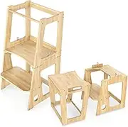 Kids Kitchen Step Stool with Safety Rail, 2 in 1 Convertible Wooden Toddler Learning Stool Helper Standing Tower for Kitchen Counter, Bathroom, Toilet