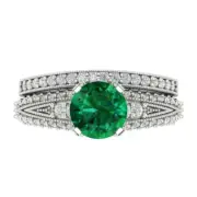 2.1ct Round Cut Pave Emerald Stone Ring Band bridal Set 14k White solid Gold