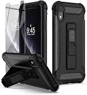 ORETECH Compatible with iPhone XR Case, with [2 x Tempered Glass Screen Protectors] [Heavy Duty Protection] [Kickstand & Phone Holder] 5 in 1 Full Body Shockproof Protective Cover for iPhone Xr -Black