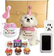 Dog Birthday Hamper Gift Set Bundle for Her – Including Trio Mini Woofin Cake, Happy Birthday Pink Dog Bib and Hat, Iced Woofin Candle Cake and Doggy Paw Stamp | Gift for Pet Lovers