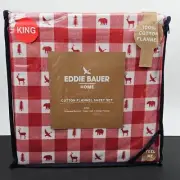 Eddie Bauer King Cotton Holiday Flannel Sheets Bedding Set Red Plaid Animals