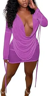 [Doweha] Women's Sexy Long Sleeve Two 2 Pieces Outfits Sheer Mesh Mini Dress Skirt Set Top V Neck Backless Ruched Bodycon Cover Up