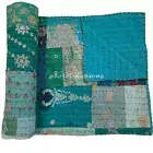 King Size Quilt Patchwork Khambadiya Decorative Cotton Kantha Turquoise Blanket