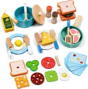 Wooden Play Kitchen Accessories, 35 PCS Pretend Play Kitchen Toys for Kids Toddl