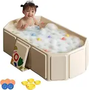 Portable Foldable Bathtub for Kids, Portable Shower Basin, Foldable Baby Bathtub, with 5 Balls and 2 Ducks, with Drain Plug, Boys Girls, for Kids 0-8 Years Old, Cat Dog (White)