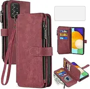 [Asuwish] Phone Case for Samsung Galaxy A52/A52S 5G Wallet Cover with Tempered Glass Screen Protector and Leather Flip Credit Card Holder Stand Cell Accessories A 52 S 4G G5 52A S52 52S Women Men Red
