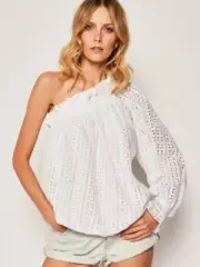 New One Teaspoon Embroidered Anglaise One Shoulder Top Womens XS White Blouse