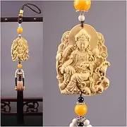 [KEZONO] Wood Carving Buddha Statues Car Rear View Mirror Pendant Jewelry Guanyin Pao Ping an Fu High-end Schoolbag Mobile Phone Pendant (Color : A-Style Guanyin)