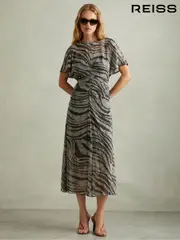 Reiss Black/Grey Tabitha Animal Printed Midi Dress (E11013) | $395